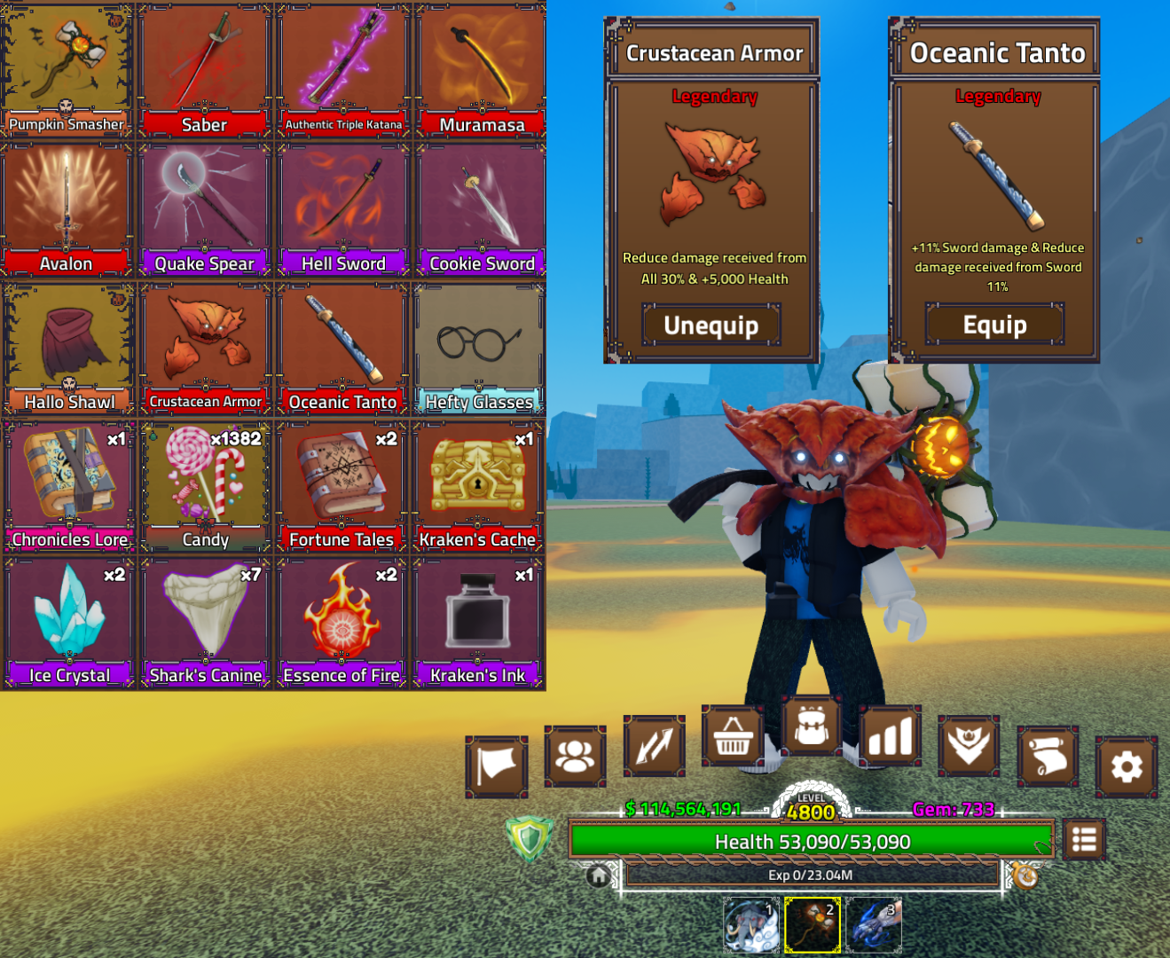 ไอดี King Legacy เลเวล 4800 [เกราะปู Crustacean Armor]+[Oceanic Tanto]